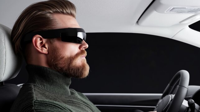 Young caucasian male wearing modern vr headset while driving in a car