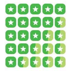 Green product review stars business element icons. feedback, and ratings. set of five green stars for customer reviews, use for apps and websites.