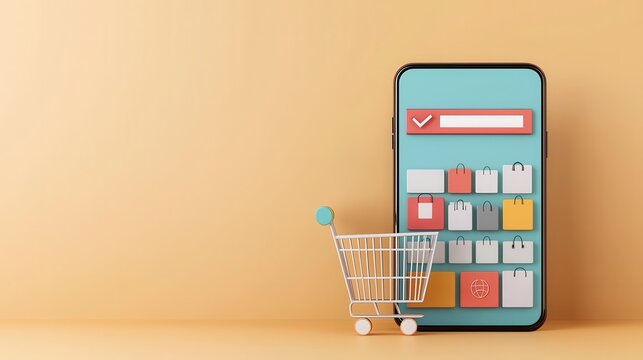 Mobile Shopping Concept with Cart and Smartphone on Trendy Background