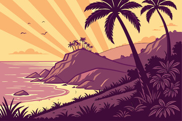 13 Tropical beach sunset, vibrant colors, palm trees, rocky outcrops, tranquil ocean, golden sun rays, purple sky, orange horizon, reflective water, calm waves, scenic coastline, lush vegetation, pano