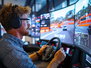 Young caucasian male engaging in virtual racing simulation at modern gaming setup