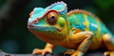 Fototapeta premium Close up of a unique yellow blue chameleon showcasing its vibrant colors and textured skin, chameleon, lizard