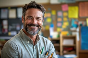 Fototapeta premium Smiling Male Elementary Teacher in Colorful Classroom