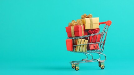 Colorful Shopping Bags and Cart on Minimalist Blue Background for Online Retail and E-commerce