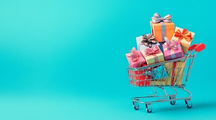 Colorful Shopping Bags and Cart on Minimalist Blue Background for Online Retail and E-commerce