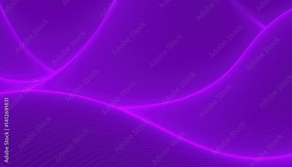 Poster abstract flowing neon purple waves and light trails with digital lines on dark background creating a