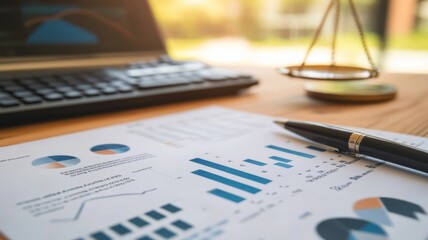 Business analysis on a wooden desk in a modern office during daylight, featuring graphs and financial reports
