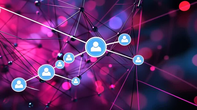 Abstract digital network connecting multiple user icons, set against a vibrant purple and pink background