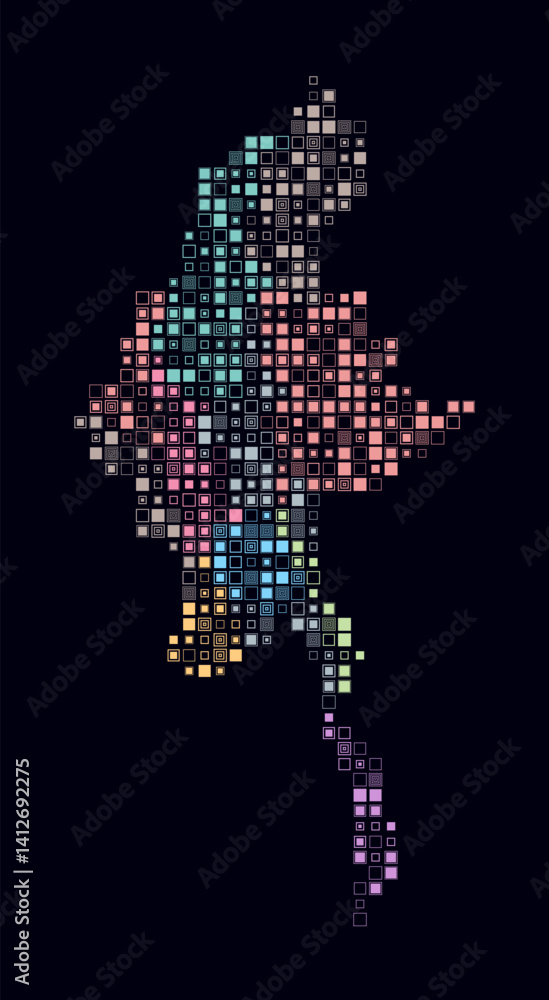 Poster myanmar, shape of the country build of colored cells. digital style map of the myanmar on dark backg