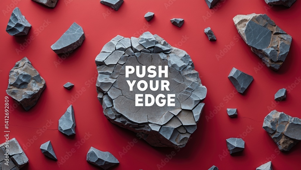 Poster a textured rock with the phrase 'push your edge' surrounded by scattered smaller stones against a vi