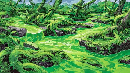 Obraz premium A vibrant, green river flows through a lush, mystical jungle landscape.