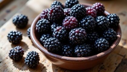 Fresh ripe blackberries in a brown ceramic bowl on a rustic wooden surface with scattered berries for healthy snack or dessert ingredient