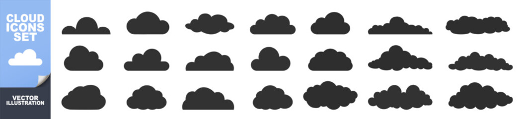Big vector set of cloud shapes. Simple cute cartoon design. Set of cloud in a flat design isolated on transparent