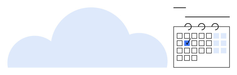 Cloud next to a digital calendar with marked date. Ideal for productivity, planning, scheduling, data backup, remote access, time management, online tools. Flat simple metaphor