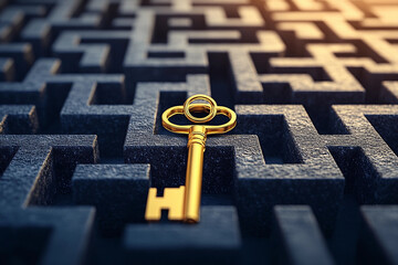 Golden key at the center of a complex maze symbolizes the search for solutions and clarity in challenging situations