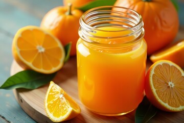Close-up of citrus burst orange tangerine jam in glass jar, food, homemade