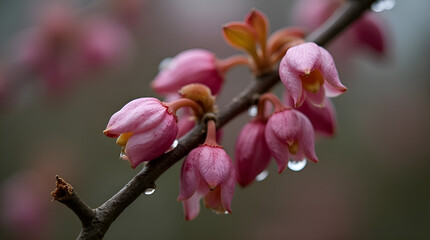 Fototapeta premium Macro Shot of Pink Blooms with Morning Dew on a Tree Branch
