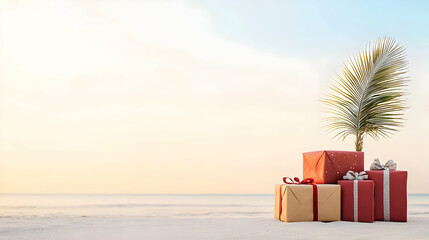 Obraz premium Stacked Gift Boxes On Beach At Sunrise