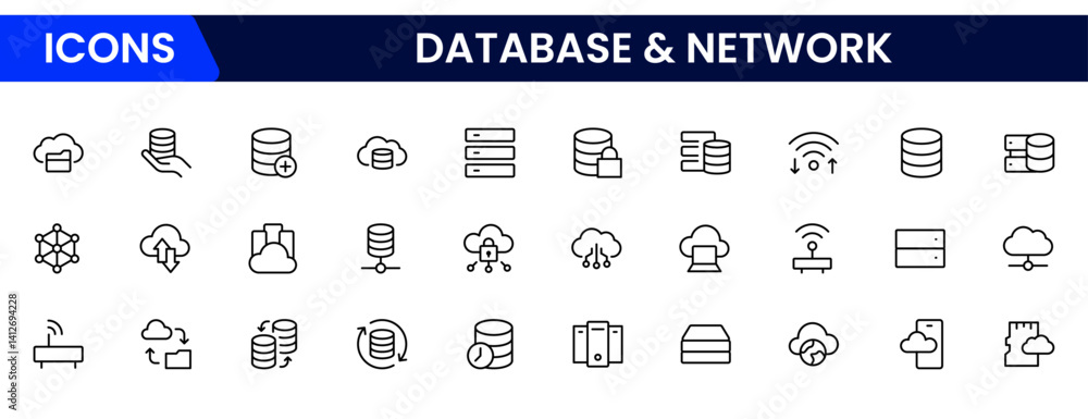 Poster data network icon set. data cloud analysis technology symbol. containing database, statistics, and a