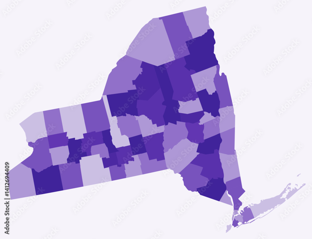 Poster map of new york with counties. just a simple state border map with county division. deep purple colo
