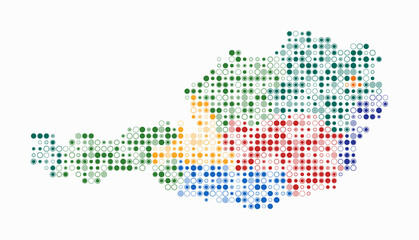 Austria, shape of the country built of colored cells. Digital style map of Austria on a white background. Small size circle blocks. Plain vector illustration.