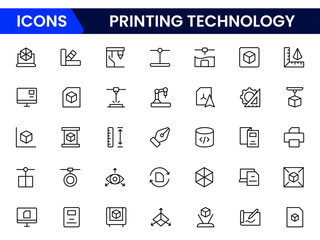 3d printing Technology line icons collection. Thin outline icons pack. UI icon collection. Set of line web pictogram
