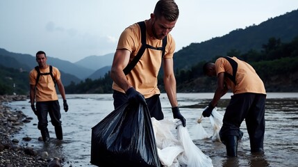 Team of diverse young adults collecting trash along a riverbank to promote environmental conservation