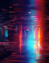 Abstract digital glitch art with vibrant neon colors and distorted patterns
