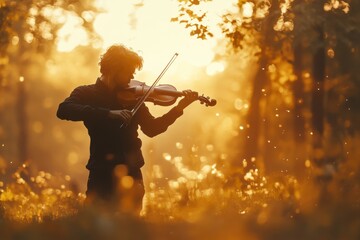 Fototapeta premium Bearded Man Playing Classical Violin in Autumn Nature Scene