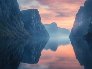 Serene Mountain Lake Reflection: Capture the sublime tranquility as towering mountains embrace a still lake, reflecting the gentle hues of a tranquil sunset.