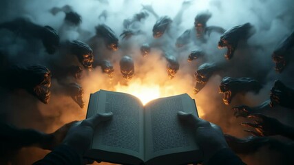 Dark figures surround an open book, illuminating a mystical fire in an eerie atmosphere. Exorcism, pov exorcist reads a holy book with demons in the background