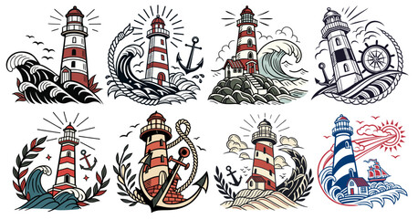 Vintage nautical tattoo design set with striped lighthouse, ocean waves, laurel wreath, and maritime symbol. Old school tattoo style, classic maritime design, nautical elements.