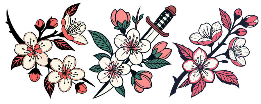Set of stylized dagger piercing sakura flowers in bold lines and vibrant colors. Old school tattoo style, Japanese artistry, traditional design, striking symbolism.