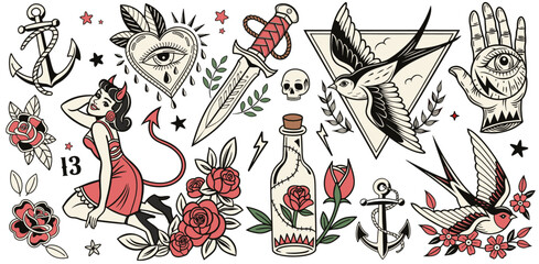 Set of vintage tattoo designs featuring pin up girl with devil horns and tail, swallows, roses, anchors, classic symbols. Collection retro elements for old school tattoo style, bold design