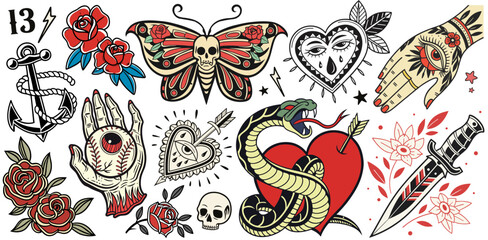 Set of vintage traditional tattoo with snake, butterfly, hand, heart, anchor, dagger, skull with bold linework. Retro collection of classic symbols for old school tattoo style, american artistry.