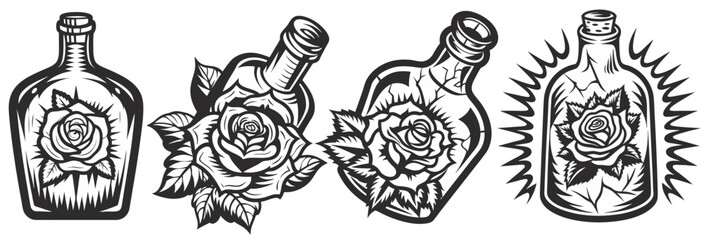 Set of vintage monochrome bottle holding blooming rose, traditional tattoo style with intricate botanical details and elegant linework. Classic design, detailed tattoo artwork, timeless symbolism.
