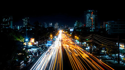 Fototapeta premium Night City Traffic Panorama With Blurred Lights