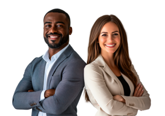 Successful happy businessman and businesswoman standing back to back with arms crossed, PNG