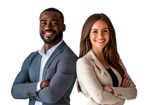 Successful happy businessman and businesswoman standing back to back with arms crossed, PNG