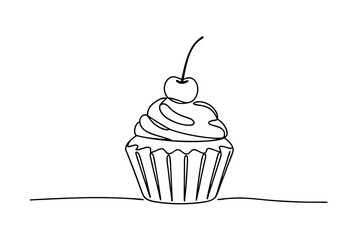 Minimalist Cupcake One Line Art Continuous Line Drawing With Cherry Topping Isolated
