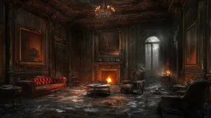 Fototapeta premium Dark and Desolate Room Interior with Fireplace