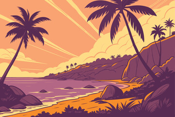 13 Tropical beach sunset, vibrant colors, palm trees, rocky outcrops, tranquil ocean, golden sun rays, purple sky, orange horizon, reflective water, calm waves, scenic coastline, lush vegetation, pano