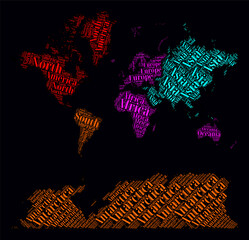 World Regions Word Clouds. Bright typographic style design on dark background. World region names tag clouds. Boundary shape. Vibrant vector illustration.