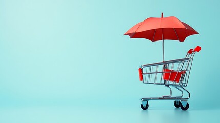 Colorful Shopping Bags and Cart on Minimalist Blue Background for Online Retail and E-commerce