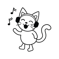 A Cute Cat with headphones listening music Line Sketch for Digital Design Projects