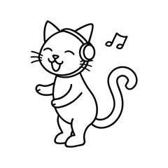 A Cute Cat with headphones listening music Outline Vector Illustration for Pet Designs