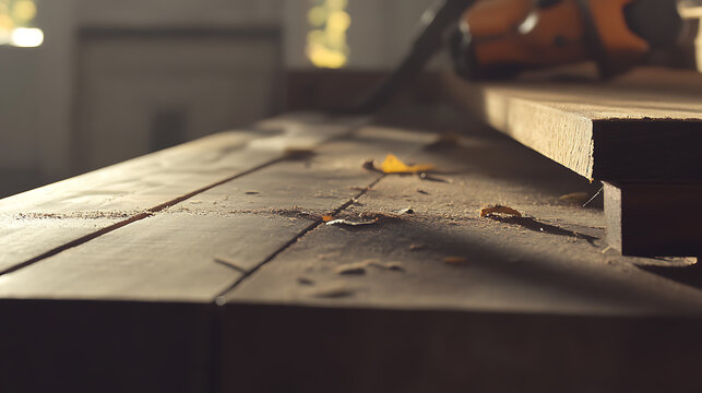 Carpenter cutting wood for kitchen cabinet installation. Featuring wood cutting