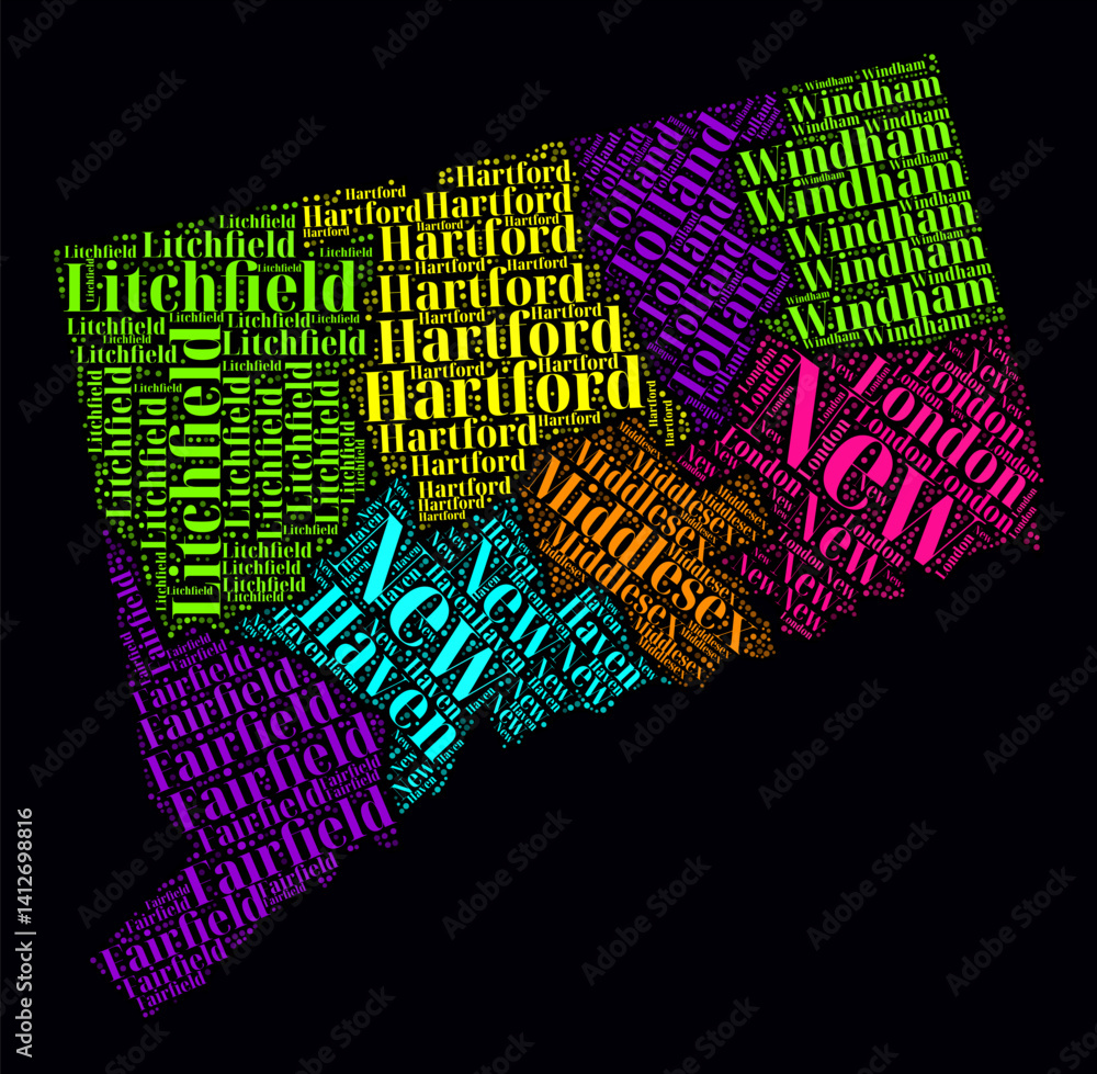 Poster connecticut word cloud. bright neon style design on dark background. region names text cloud. bounda