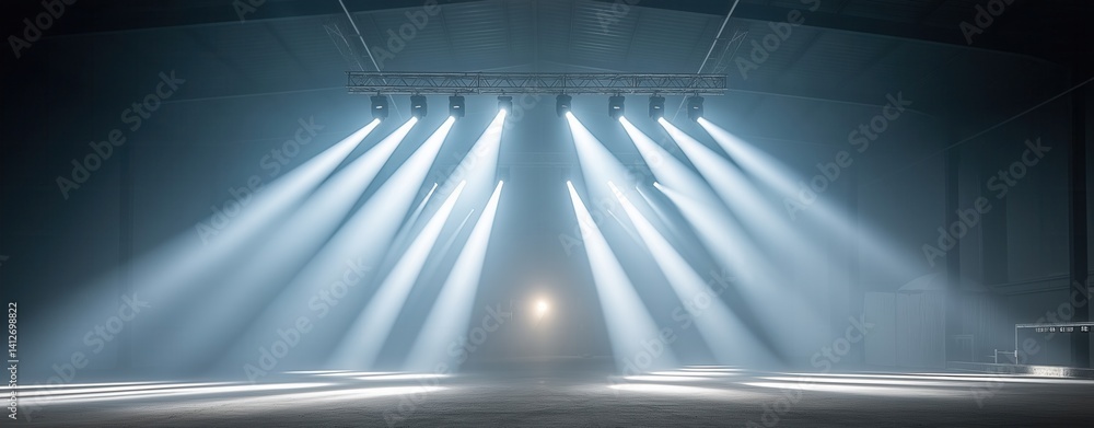 Aufkleber a dramatic scene with powerful beams of light illuminating a large, empty space, creating an atmosph