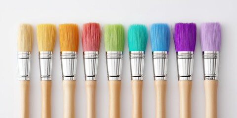 Fototapeta premium A vibrant row of paintbrushes with colorful bristles, showcasing a spectrum of shades against a clean white background.